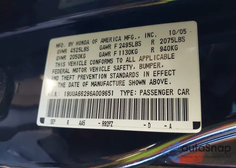 2006 Acura Tl from USA, damaged, VIN 19UUA66296A009651